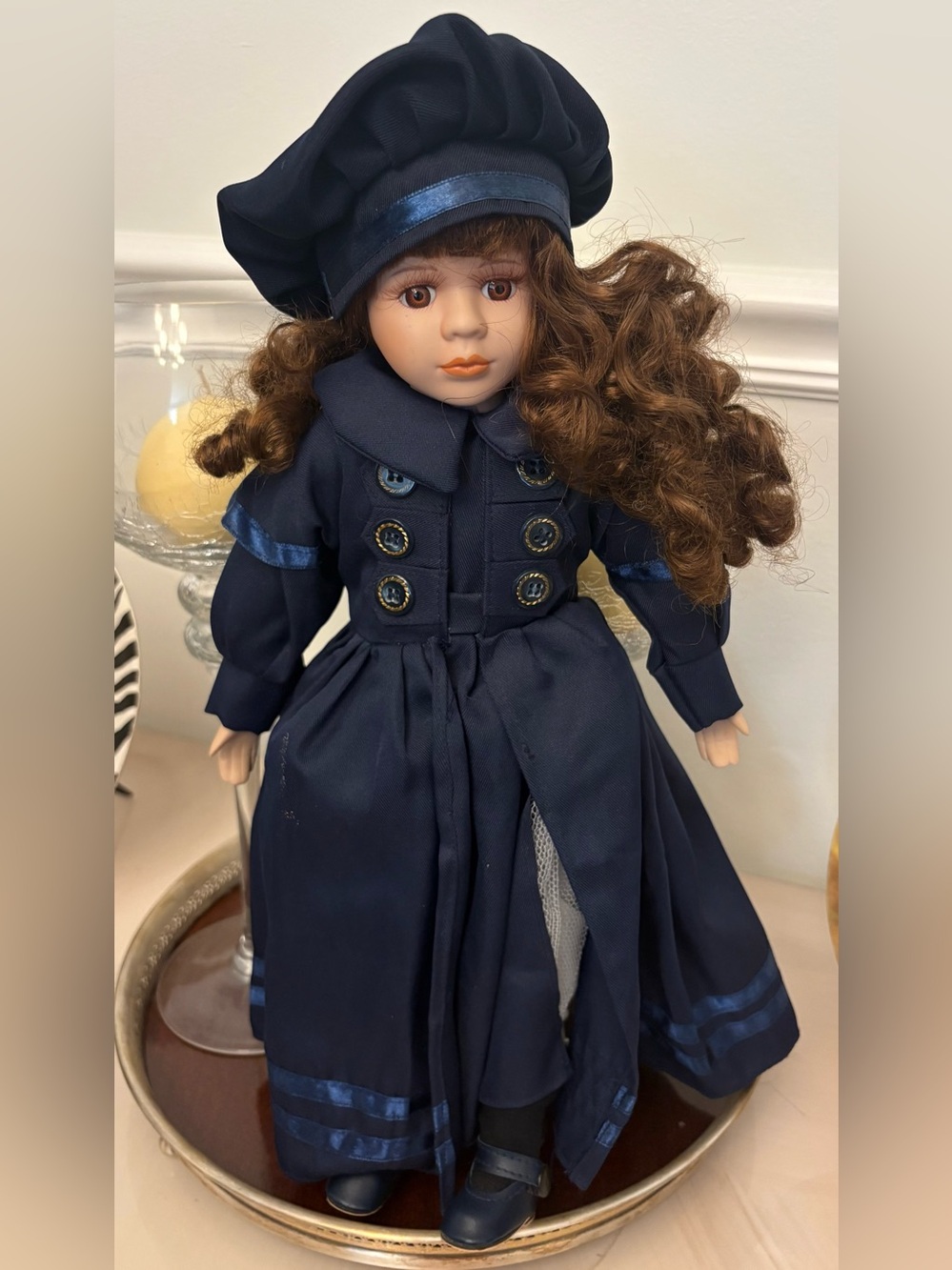 Classic Navy Porcelain Doll in Long Coat and Beret
